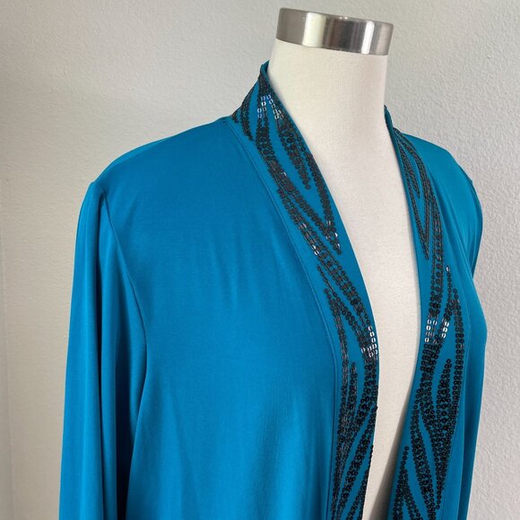 Bob Mackie Wearable Art Plus 1X Cardigan Turquoise Sequin Trim Open Front - Picture 2 of 10